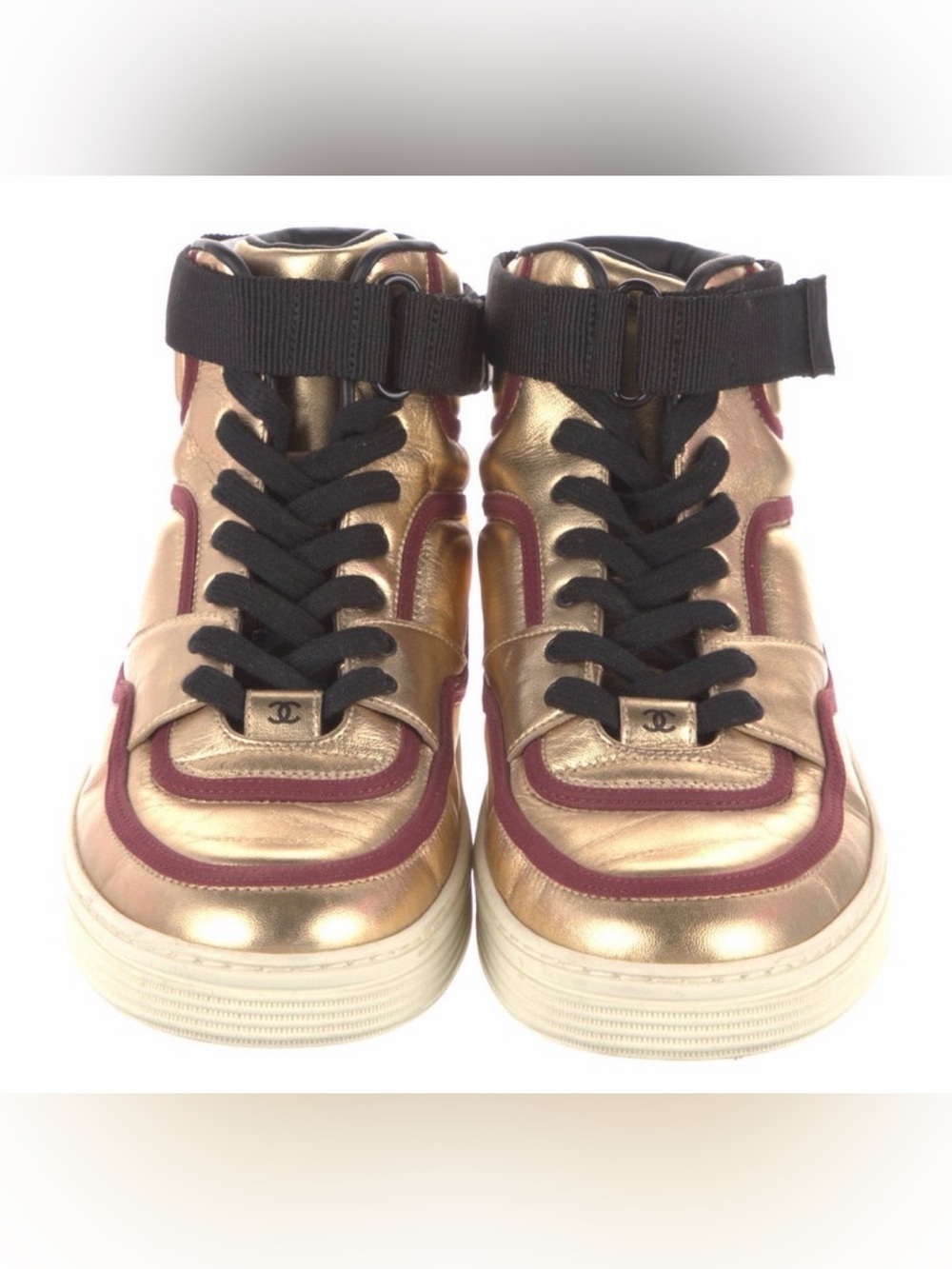 Chanel Women Metallic Gold High-Top Sneakers with Burgundy Trim